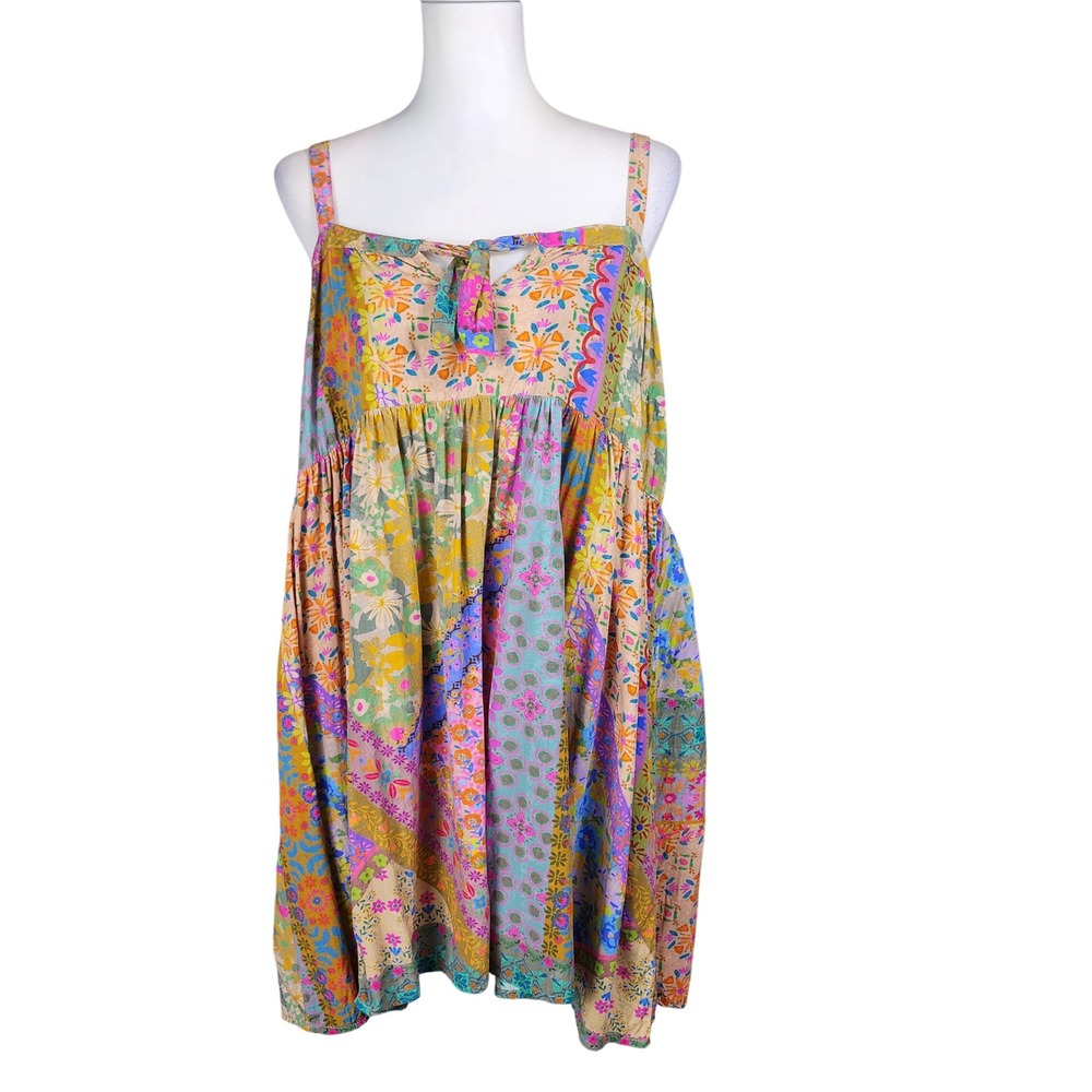 Natural Life Patti Tie-Front Mini Dress Womens Large Floral Patchwork Boho Beach